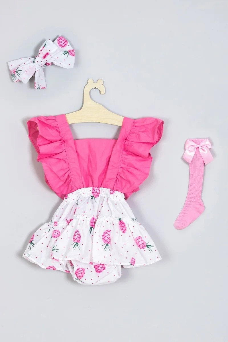 ادا بيبيك تشوكوك Ada Baby Kids Adabebek Frilly Pineapple Patterned Knee-Length Bow Socks Set