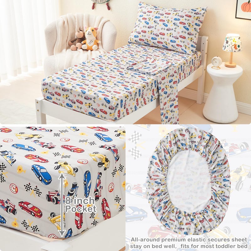 Mooreeke 4 Pieces Toddler Bedding Set - Soft Race Cars Toddler Comforter Sets for Girls, Includes Quilted Comforter, Flat Sheet, Fitted Sheet and Pillowcase, Bed in A Bag for Baby Bedroom - Image 4