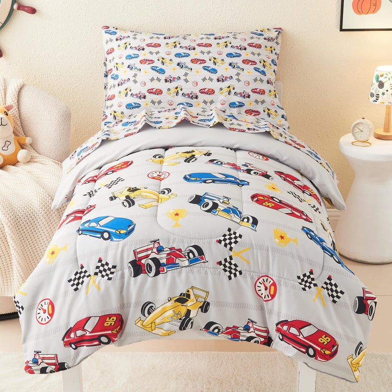 Mooreeke 4 Pieces Toddler Bedding Set - Soft Race Cars Toddler Comforter Sets for Girls, Includes Quilted Comforter, Flat Sheet, Fitted Sheet and Pillowcase, Bed in A Bag for Baby Bedroom - Image 1