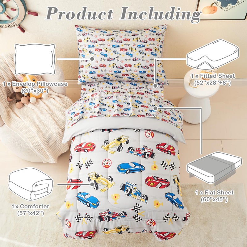 Mooreeke 4 Pieces Toddler Bedding Set - Soft Race Cars Toddler Comforter Sets for Girls, Includes Quilted Comforter, Flat Sheet, Fitted Sheet and Pillowcase, Bed in A Bag for Baby Bedroom - Image 2