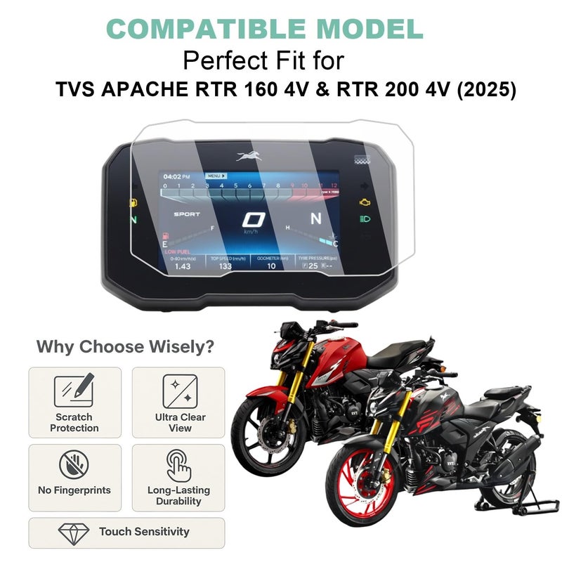 Wisely Pack 2 - Screen Guard for TVS APACHE RTR 160 4V & RTR 200 4V (2025) Bike - TFT Display Digital Meter Protector - HD Clear, Full Cover - Easy Installation Kit - Instrument Cluster Accessories - Image 2