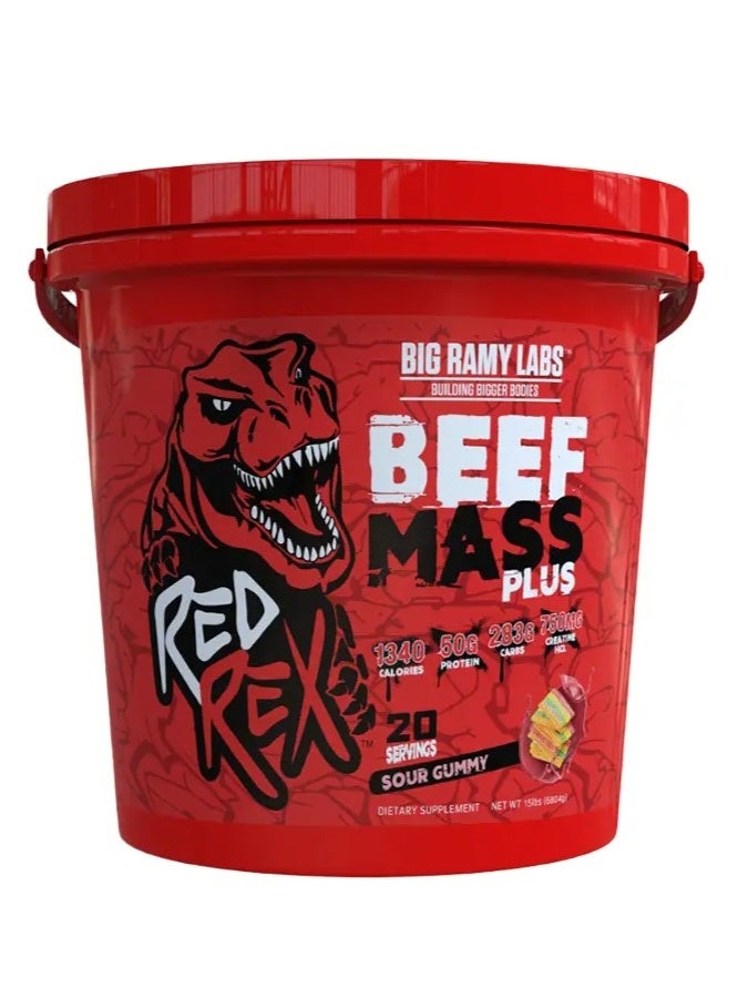 ريد ريكس بيف ماس بلس، بنكهة حلوى حامضة، 15 رطلاً - 1340 سعرة حرارية، 50 غرام من بروتين لحم البقر المتحلل، يدعم نمو العضلات والأداء