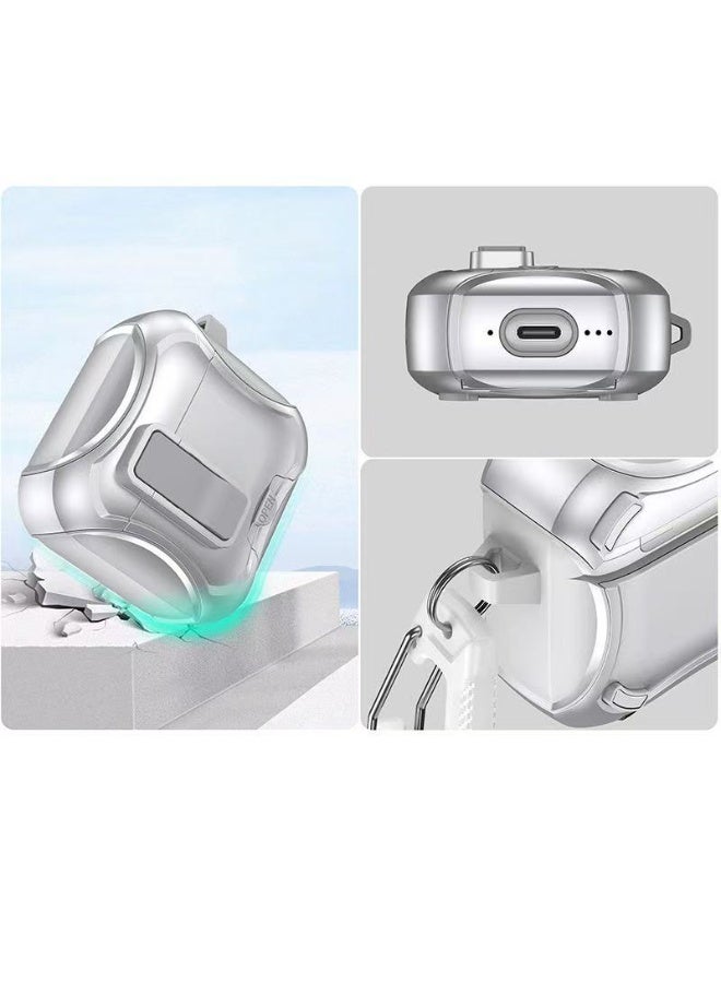 دكينج غطاء حماية لسماعات AirPods Pro 3 مع تصميم حامل وميزة قفل مقاوم للسقوط. تدعم سماعات AirPods Pro 3 الشحن اللاسلكي وتأتي بمشبك معدني. فضي - Image 5