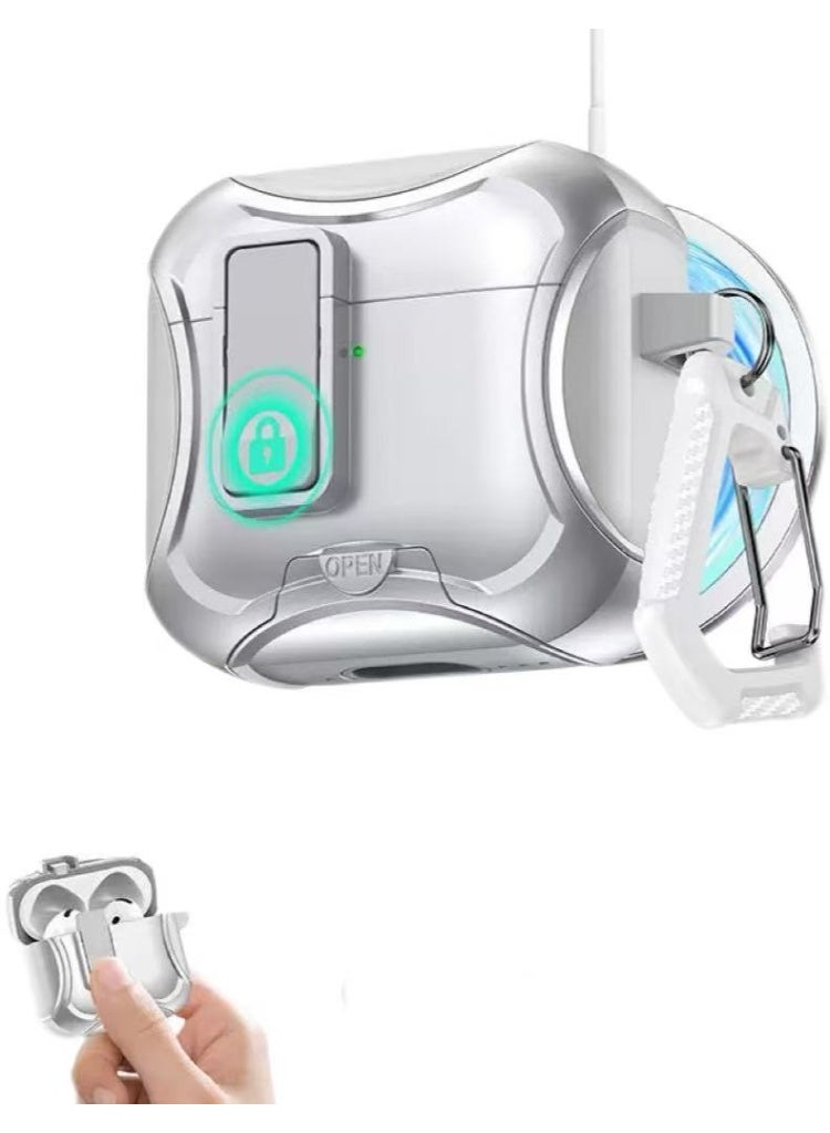 دكينج غطاء حماية لسماعات AirPods Pro 3 مع تصميم حامل وميزة قفل مقاوم للسقوط. تدعم سماعات AirPods Pro 3 الشحن اللاسلكي وتأتي بمشبك معدني. فضي - Image 1