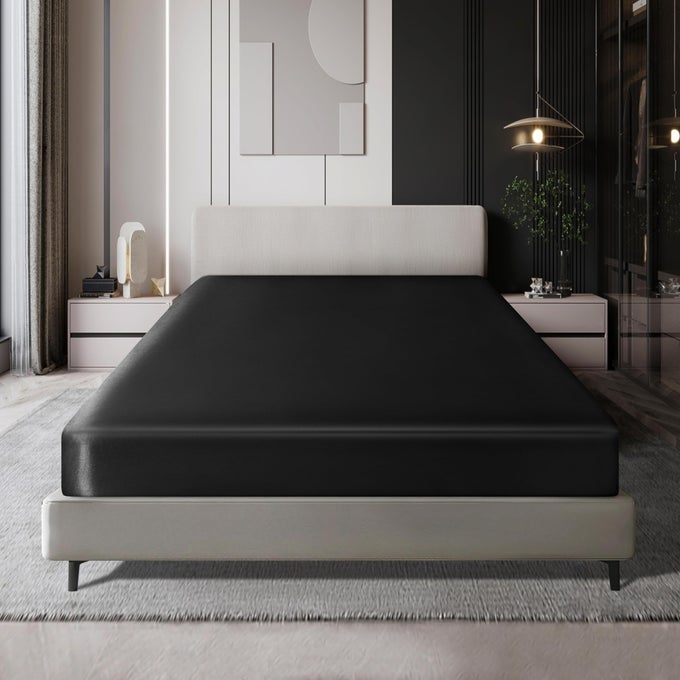 FULL SATIN SHEET BLACK SOFT BOTTOM FITTED SHEET 1 PIECE