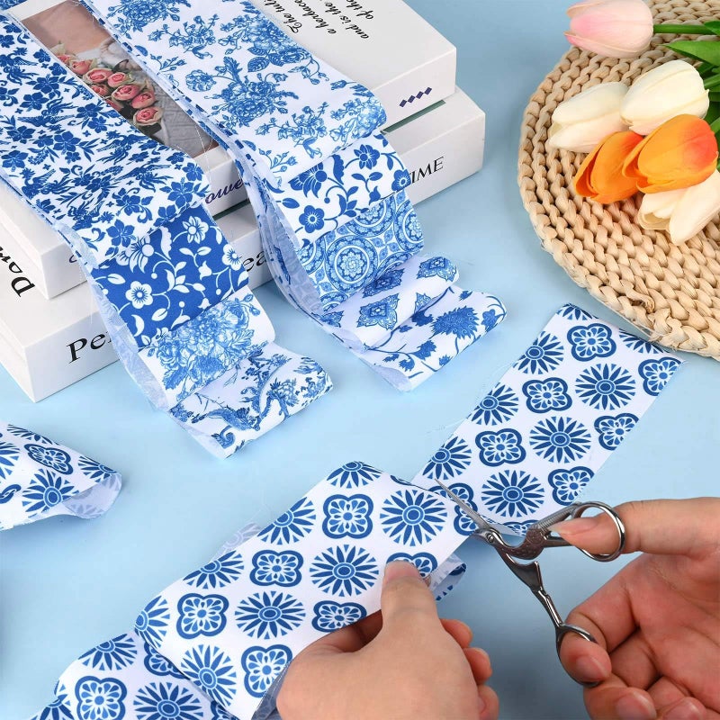 Bolsome 50Pcs Chinoiserie Jelly Polyester Fabric Strips White Blue Floral Quilting Strips Assorted Patterns Patchwork Craft Sewing Supplies for Quilters and Sewing Crafts, 39.37 Ã— 2.55 Inch - Image 5