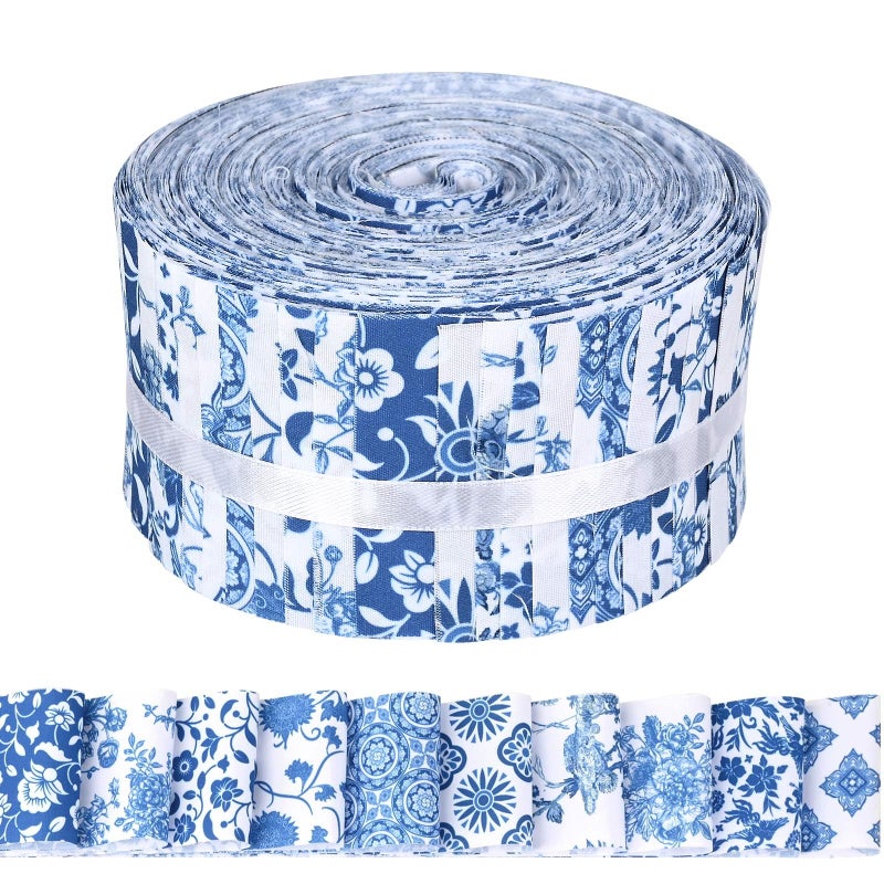 Bolsome 50Pcs Chinoiserie Jelly Polyester Fabric Strips White Blue Floral Quilting Strips Assorted Patterns Patchwork Craft Sewing Supplies for Quilters and Sewing Crafts, 39.37 Ã— 2.55 Inch - Image 1