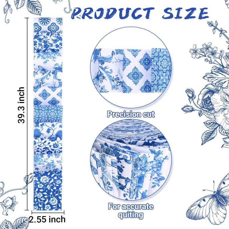 Bolsome 50Pcs Chinoiserie Jelly Polyester Fabric Strips White Blue Floral Quilting Strips Assorted Patterns Patchwork Craft Sewing Supplies for Quilters and Sewing Crafts, 39.37 Ã— 2.55 Inch - Image 2