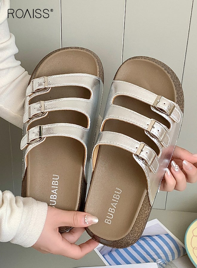 رويس أحذية بيركنستوك النسائية ذات الإبزيم الثلاثي العصرية من بيركنستوك سلايد للسيدات صيفية من الجلد اللامع سهلة الانزلاق على صنادل الشاطئ أحذية كاجوال للخروج - Image 2