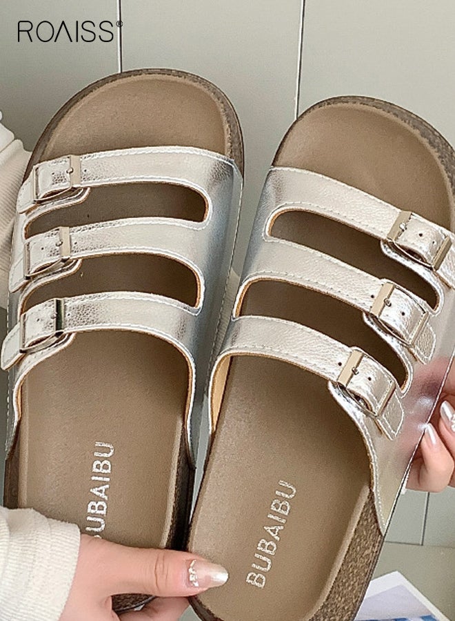 رويس أحذية بيركنستوك النسائية ذات الإبزيم الثلاثي العصرية من بيركنستوك سلايد للسيدات صيفية من الجلد اللامع سهلة الانزلاق على صنادل الشاطئ أحذية كاجوال للخروج - Image 3