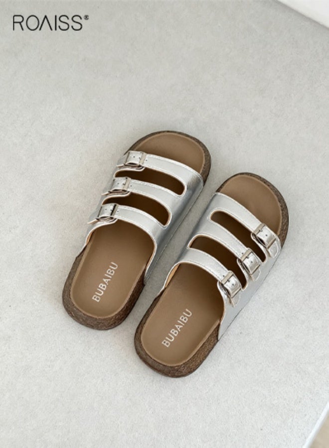 رويس أحذية بيركنستوك النسائية ذات الإبزيم الثلاثي العصرية من بيركنستوك سلايد للسيدات صيفية من الجلد اللامع سهلة الانزلاق على صنادل الشاطئ أحذية كاجوال للخروج - Image 5