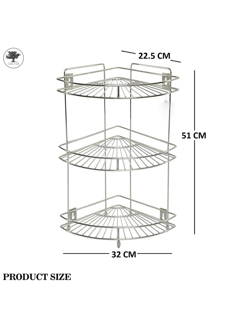 sulfar Stainless Steel Kitchen Rack 3 Tier, Multipurpose Storage Rack Corner Shelf Kitchen Organizer, Corner Stand For Kitchen, Vegetable Stand Shelf Organizer (Silver) Pack of 1  - Image 2