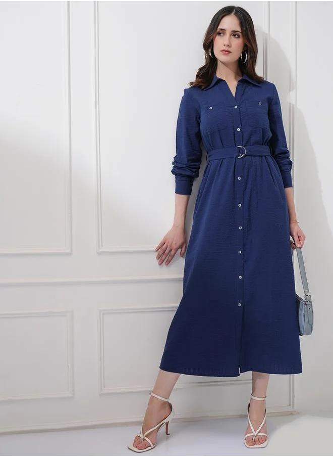 Tokyo Talkies Textured Shirt Midi Dress with Waist Belt