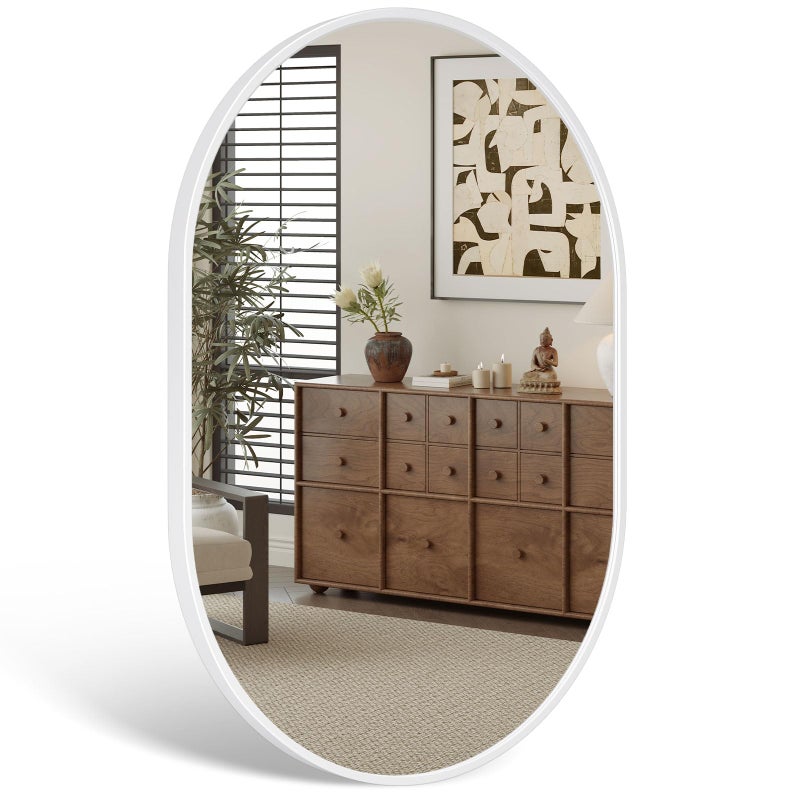 Dripex 50 x 70cm Oval Mirror Wall Mounted Bathroom Mirror Horizontal or Vertical Hanging Wall Mirror for Living Room Bedroom Entryway White