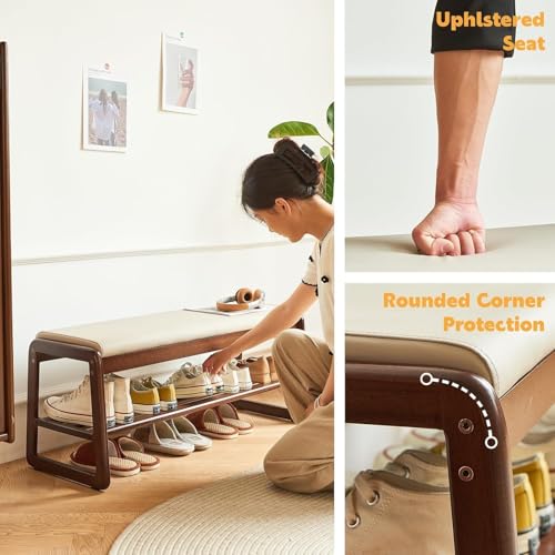 Md Decor Mid-Century Elegant Wooden Shoe Bench with Padded Seat – 2-Tier Shoe Rack for Entryway, Living Room, or Bedroom – Durable and Stylish Storage Solution (21.65) - Image 5