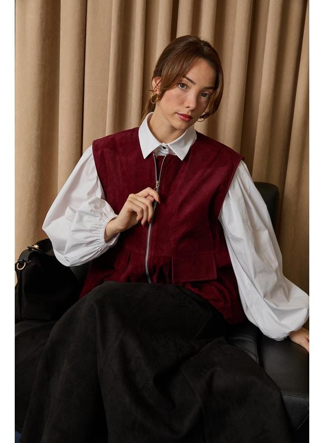 Soul Women's Pocket Detailed Suede Vest - 32404YLK - BURGUNDY. - Image 1