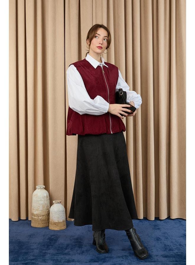 Soul Women's Pocket Detailed Suede Vest - 32404YLK - BURGUNDY. - Image 3