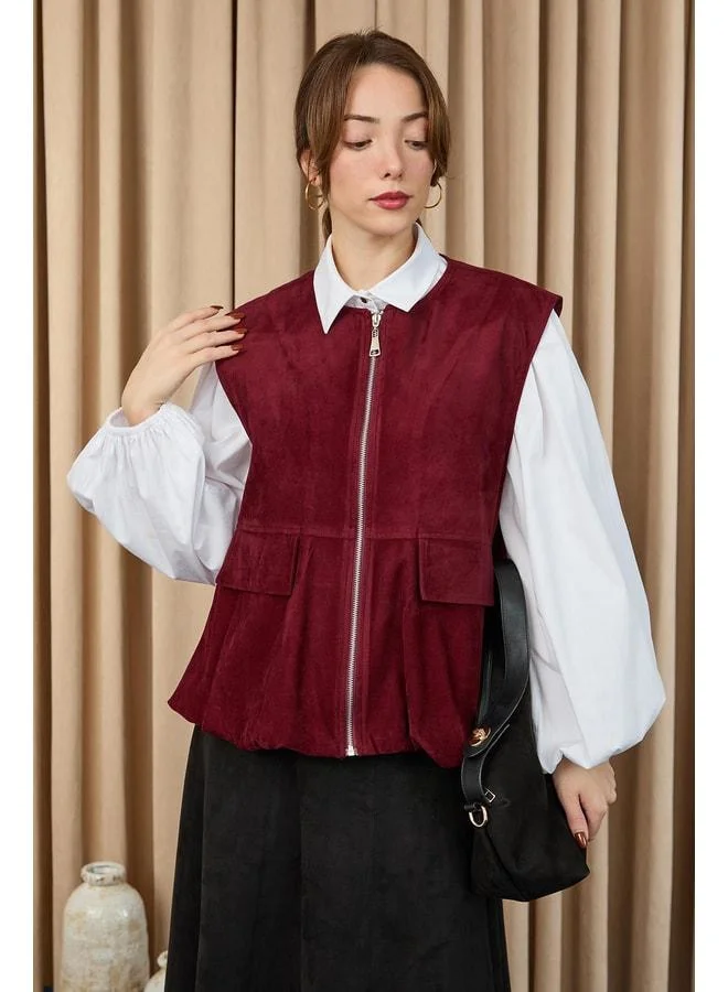 Soul Women's Pocket Detailed Suede Vest - 32404YLK - BURGUNDY.
