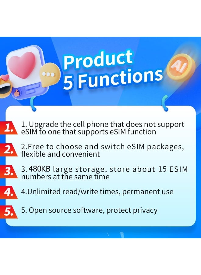 9 إيسيم 9إيسيم ڤي 0 محول eSIM + قارئ – بطاقة eSIM فعلية للهواتف الأندرويد المفتوحة، بيانات السفر الدولي لأوروبا والولايات المتحدة واليابان والصين، شريحة SIM مقصوصة مسبقًا لسهولة الاستخدام (مع القارئ) - Image 5