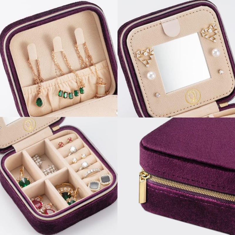 ZPROW Plush Velvet Travel Jewelry Case, Travel Jewelry Organizer, Jewelry Travel Case, Travel Jewelry Box, Small Jewelry Case for Women,Jewelry Travel Box, Earring Organizer with Mirror - Purple - Image 3