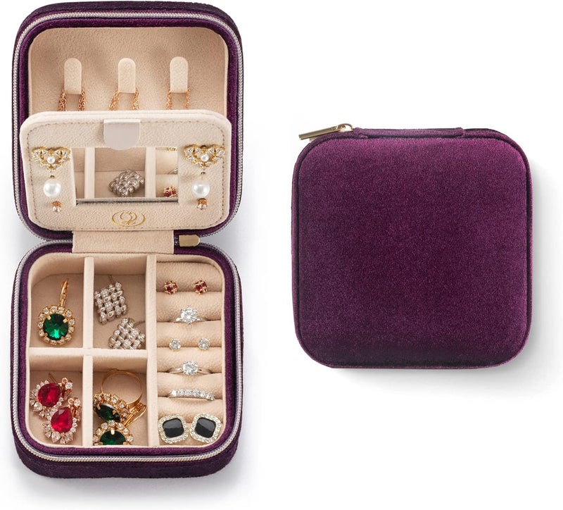 ZPROW Plush Velvet Travel Jewelry Case, Travel Jewelry Organizer, Jewelry Travel Case, Travel Jewelry Box, Small Jewelry Case for Women,Jewelry Travel Box, Earring Organizer with Mirror - Purple - Image 1