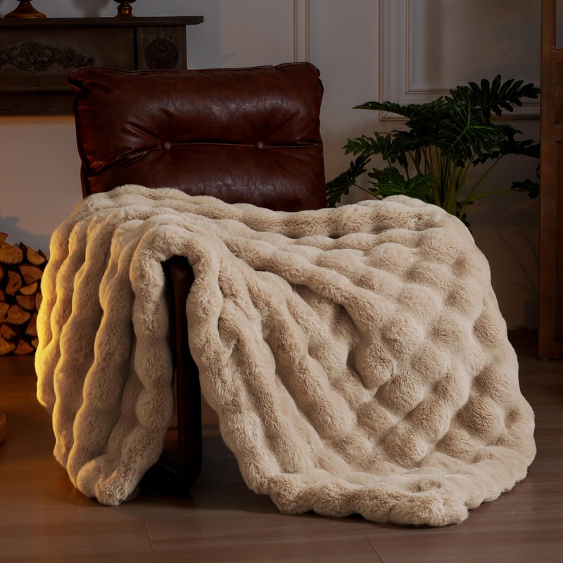 BENVWE Faux Fur Throw Blanket for Couch - Fluffy Soft Thick Bubble Blanket for Living Room Home Decor - Fathers Day Birthday Gifts for Women Men, Tie-dye Caramel, 50" x 60" - Image 1