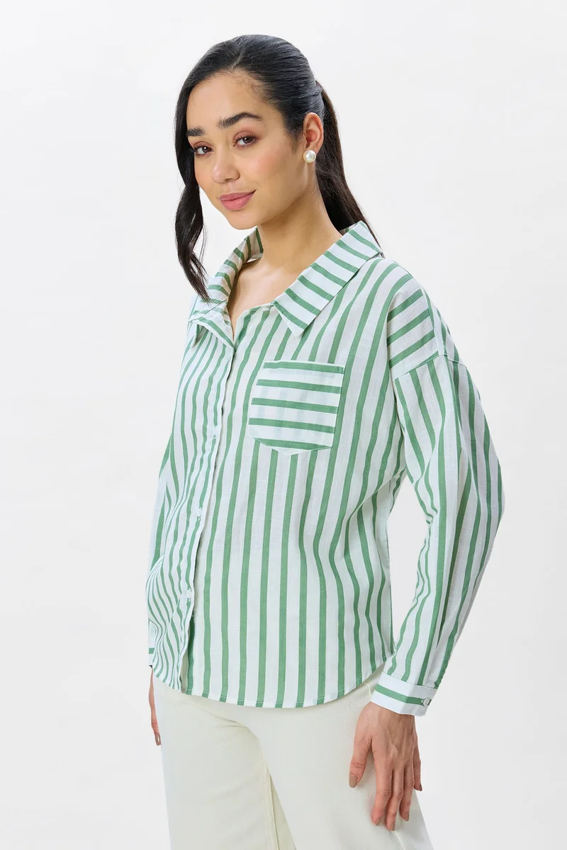 Virgio Stripes Cotton Drop Shoulder Shirt for Women