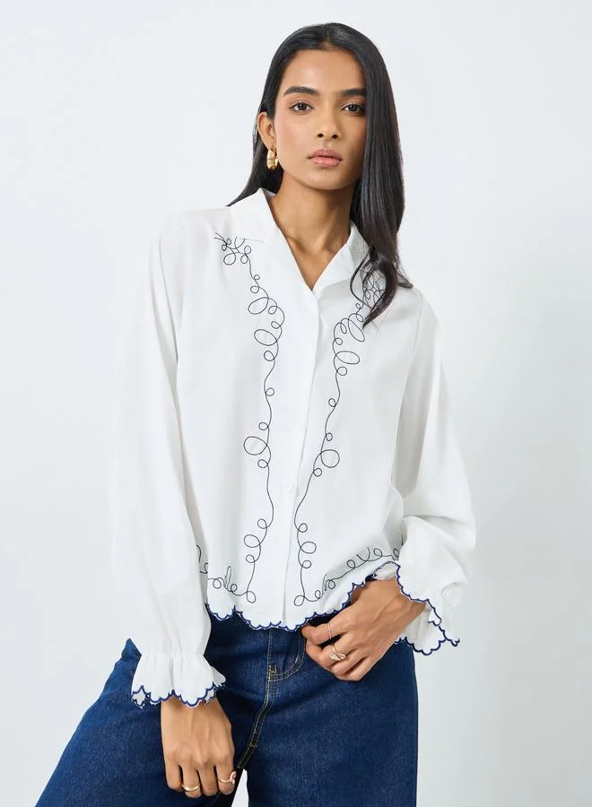 تايك تو قميص بأزرار وياقة مطرزة