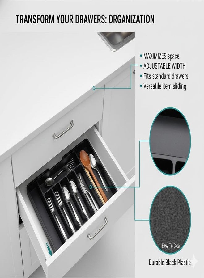 NVF Expandable Cutlery Drawer Organiser, Black, 6 Compartments, Extendable from 33CM to 57CM - Image 4