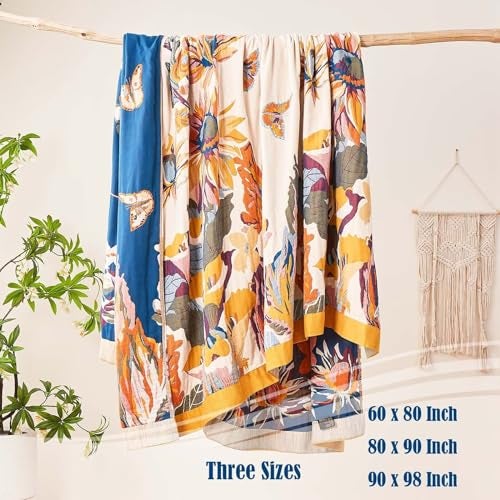 XIBLC Boho Throw Blanket, 100% Cotton Ultra Soft Luxury Throw Rustic Quilt, 60"x80" Floral Bird Butterfly Farmhouse Decor Bed Blankets, All Season Rustic Reversible Bohemian Throw for Bed - Yellow - Image 4