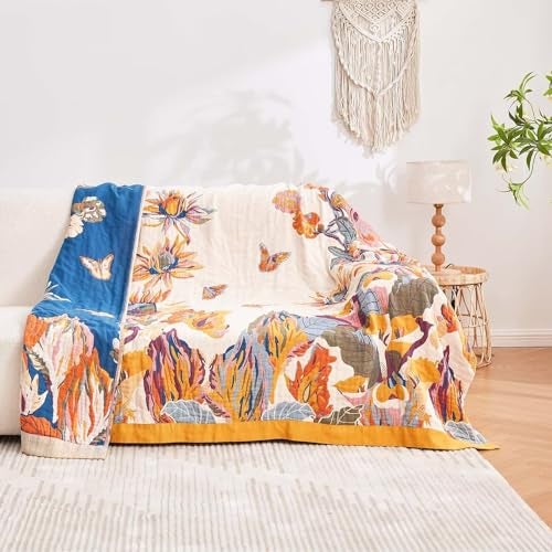 XIBLC Boho Throw Blanket, 100% Cotton Ultra Soft Luxury Throw Rustic Quilt, 60"x80" Floral Bird Butterfly Farmhouse Decor Bed Blankets, All Season Rustic Reversible Bohemian Throw for Bed - Yellow - Image 3