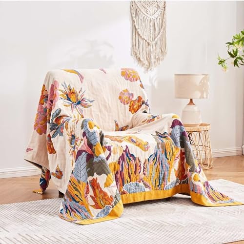 XIBLC Boho Throw Blanket, 100% Cotton Ultra Soft Luxury Throw Rustic Quilt, 60"x80" Floral Bird Butterfly Farmhouse Decor Bed Blankets, All Season Rustic Reversible Bohemian Throw for Bed - Yellow - Image 2