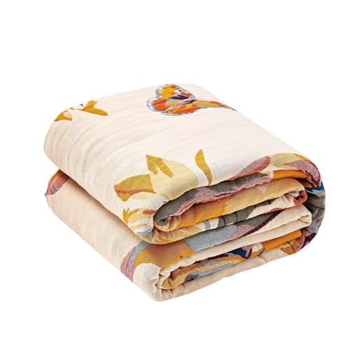 XIBLC Boho Throw Blanket, 100% Cotton Ultra Soft Luxury Throw Rustic Quilt, 60"x80" Floral Bird Butterfly Farmhouse Decor Bed Blankets, All Season Rustic Reversible Bohemian Throw for Bed - Yellow - Image 1