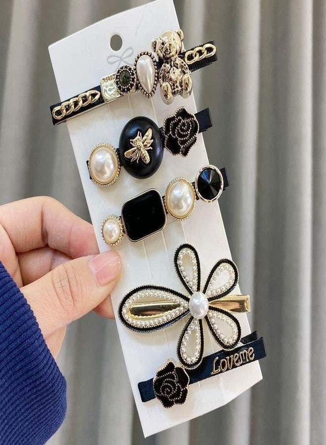مجموعة مشابك شعر مزينة باللؤلؤ، باللونين الأسود والذهبي، بتصميم زهور ودب ونحلة، إكسسوارات أنيقة - Image 4