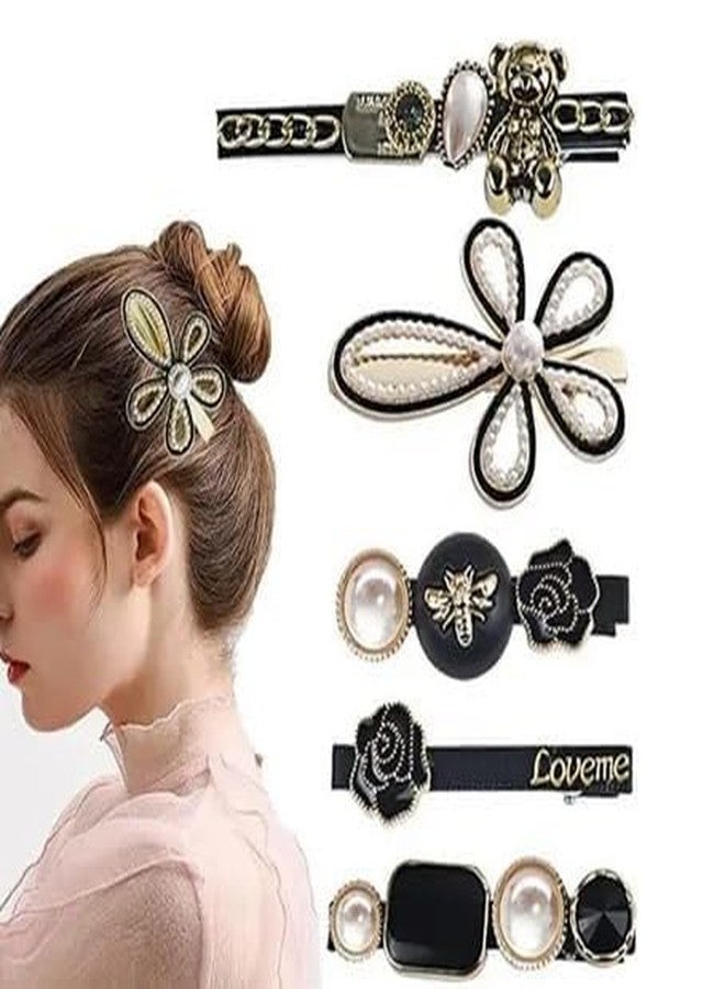 مجموعة مشابك شعر مزينة باللؤلؤ، باللونين الأسود والذهبي، بتصميم زهور ودب ونحلة، إكسسوارات أنيقة - Image 5