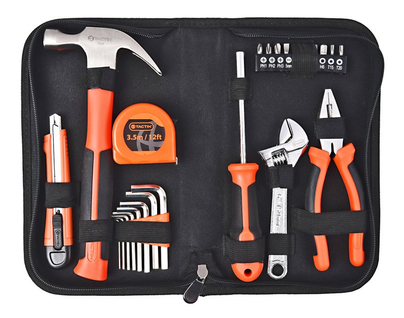 Tactix 24-Piece Hand Tool Set, Pliers, Wrench, Claw Hammer, Hex Keys, Screwdriver Bits, Snap-Off Knife & Tape Measure, Durable Household Tool Kit with Zipper Case for DIY & Repairs- 900194 - Image 1