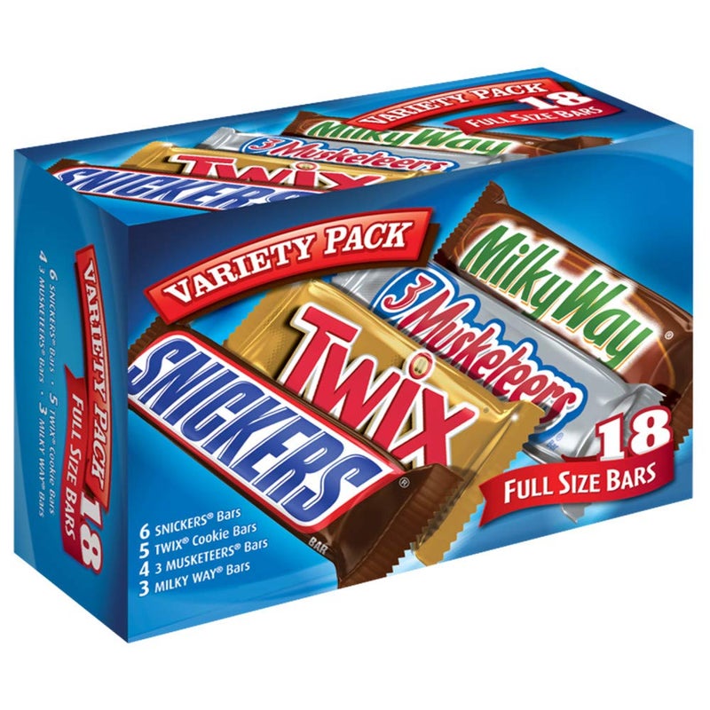 Mars SNICKERS, TWIX, 3 MUSKETEERS & MILKY WAY Full Size Christmas Candy Chocolate Bar Variety Box, 18 ct Bulk Candy - Image 1