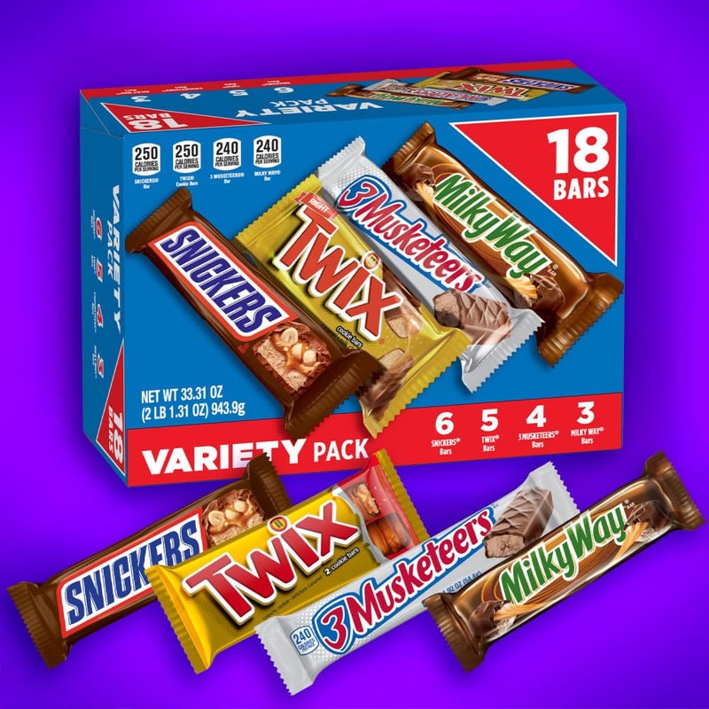 Mars SNICKERS, TWIX, 3 MUSKETEERS & MILKY WAY Full Size Christmas Candy Chocolate Bar Variety Box, 18 ct Bulk Candy - Image 2