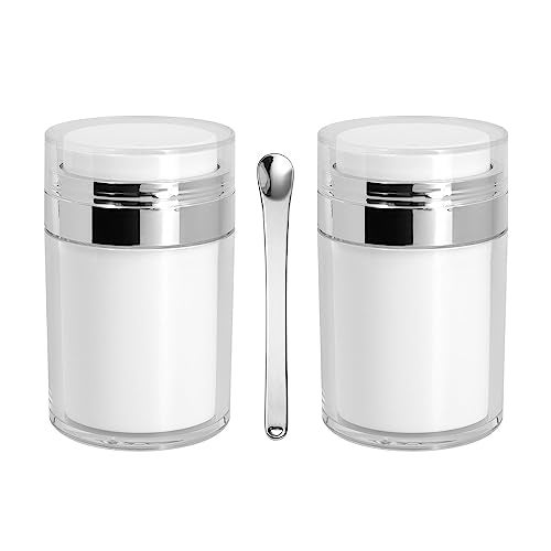 Snowso 2Pack Airless Pump Jars with Cosmetic Spatula, 3.5 oz Empty Refillable Cosmetic Air Pump Jars Bottles Airless Lotion Cream Dispenser Portable Travel Makeup Containers (Silver) - Image 1