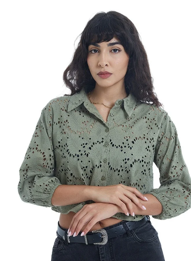 اشاراي قميص نسائي بأكمام طويلة وفتحة أزرار وقصة قصيرة