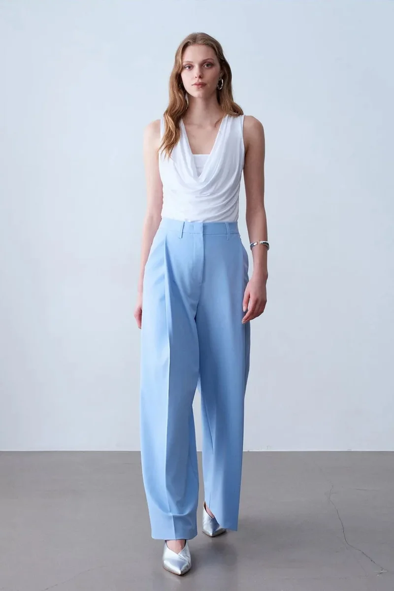 Dilvin Baby Blue DILVIN High-Waist Wide-Leg Crepe Trousers for Women | Best Price UAE