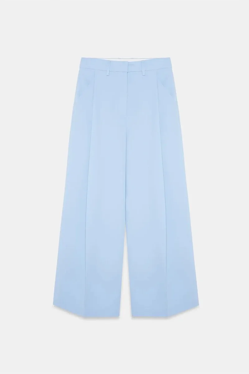 Dilvin Baby Blue DILVIN High-Waist Wide-Leg Crepe Trousers for Women | Best Price UAE