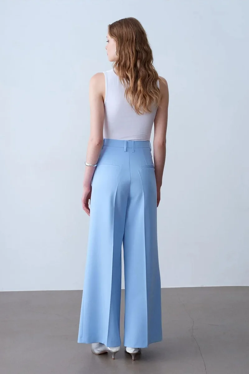 Dilvin Baby Blue DILVIN High-Waist Wide-Leg Crepe Trousers for Women | Best Price UAE