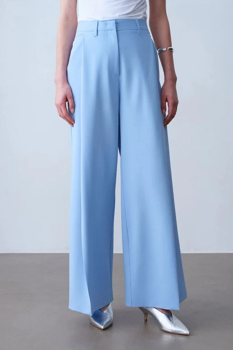 Dilvin Baby Blue DILVIN High-Waist Wide-Leg Crepe Trousers for Women | Best Price UAE