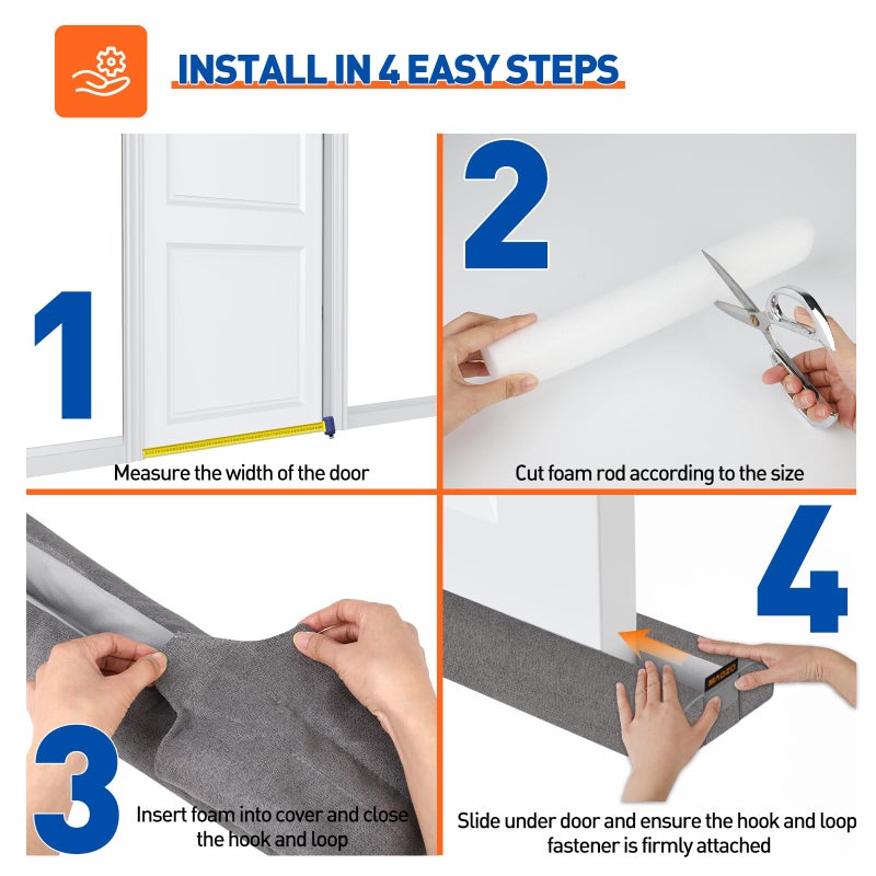 MAGZO Door Draft Stopper, 30 Inch Adjustable Under Door Gap Filler, Fits 26'' - 30'' Bottom Widths, Seals Gaps up to 1.7", Soundproof Sweep Blocks Air, Noise, Light, Dust- Grey - Image 3