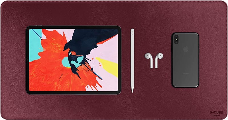 V-CUBE Designs Desk Mat|60X35cm|2.4mm Thick(Padded)|Premium Vegan Leather Laptop Mat/Extended Mouse Pad/Stitched, Reversible, Sturdy Deskspread |High Tear/Peel Strength|Anti-Slip,Splash-Proof| Maroon - Image 1