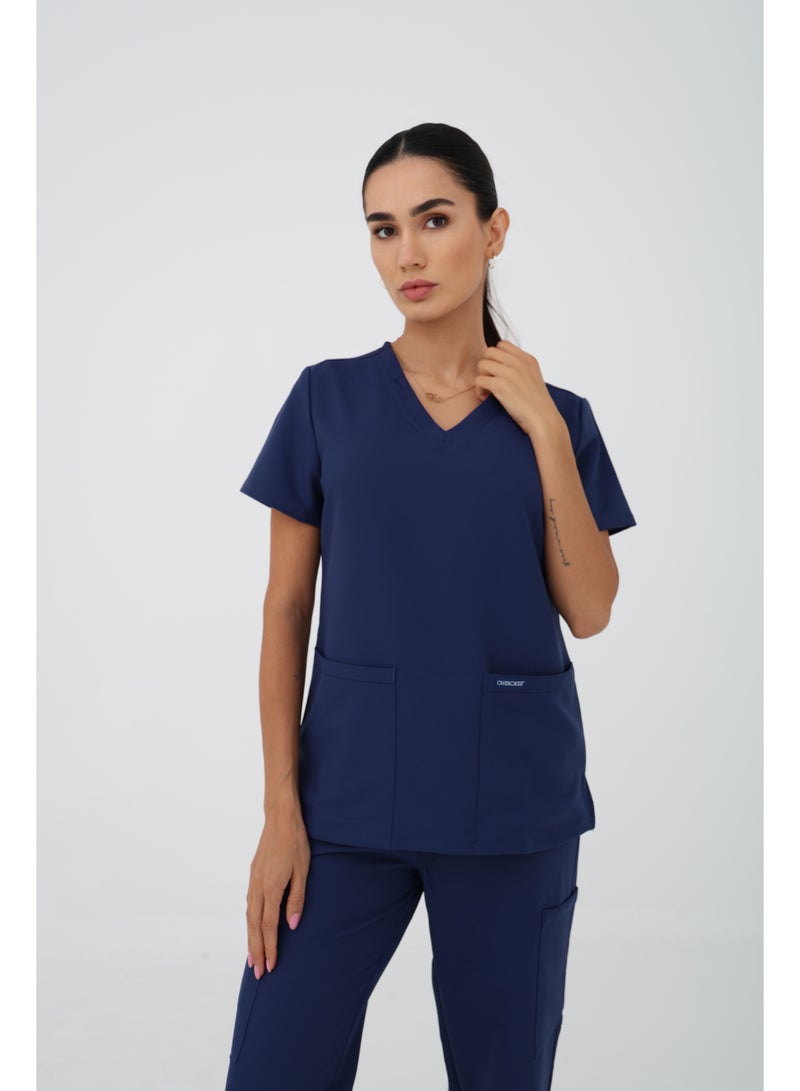 Cherokee Scrubs Set | WW Ultra | V-Neck Top & Mid Rise Pull-on Slim Leg Cargo Pant | CK953A & 281A | Navy Blue - Image 2