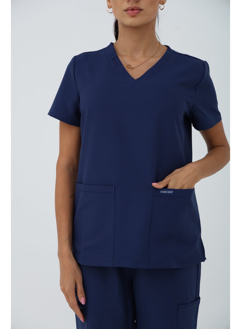 Cherokee Scrubs Set | WW Ultra | V-Neck Top & Mid Rise Pull-on Slim Leg Cargo Pant | CK953A & 281A | Navy Blue - Image 4