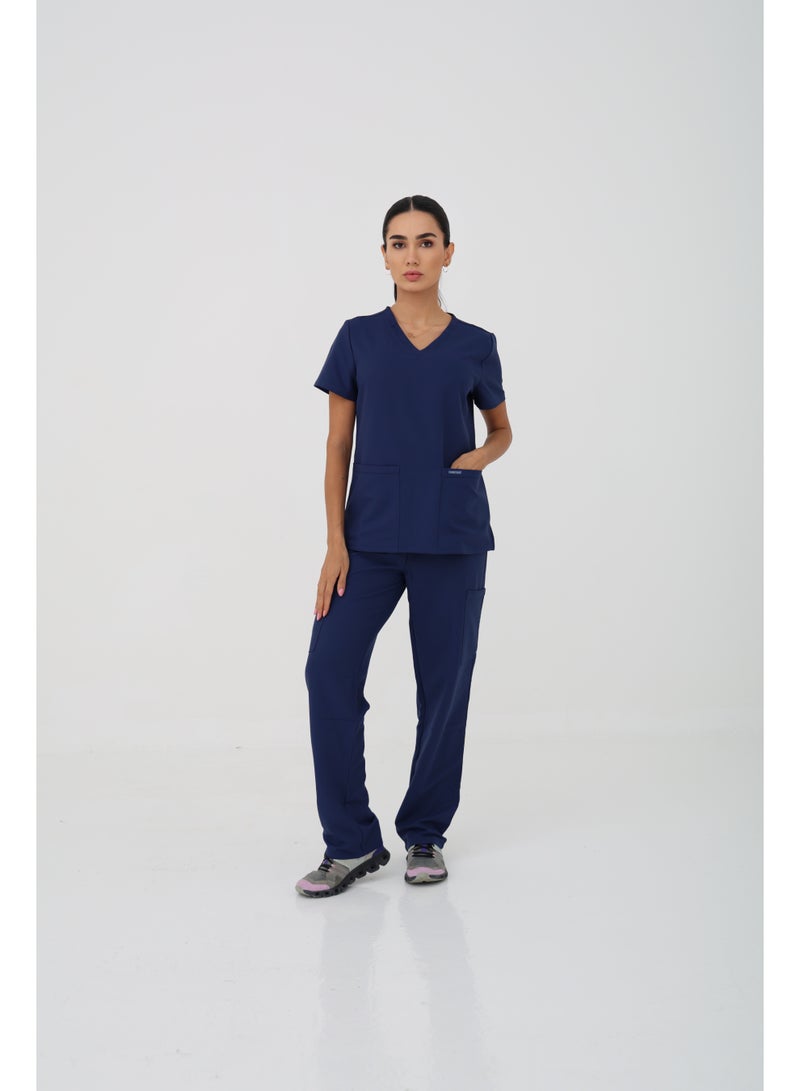 Cherokee Scrubs Set | WW Ultra | V-Neck Top & Mid Rise Pull-on Slim Leg Cargo Pant | CK953A & 281A | Navy Blue - Image 1