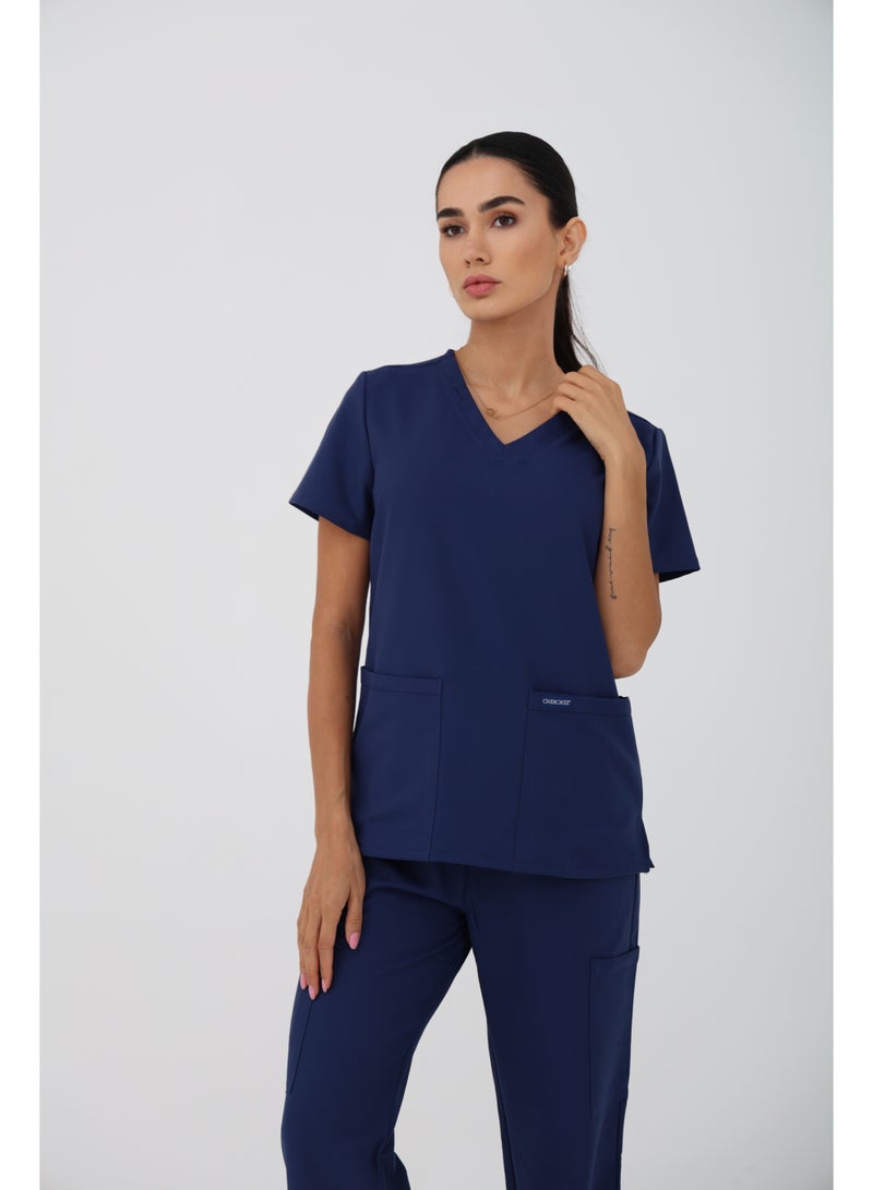 Cherokee Scrubs Set | WW Ultra | V-Neck Top & Mid Rise Pull-on Slim Leg Cargo Pant | CK953A & 281A | Navy Blue - Image 3